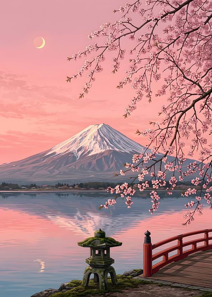 Mount Fuji at Sunset with Cherry Blossoms