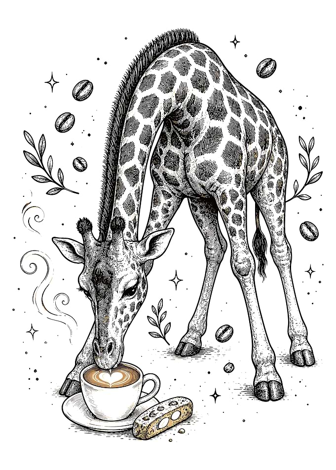 Giraffe Coffee Lover Vintage Ink Illustration Coffee Cup Wall Art Poster