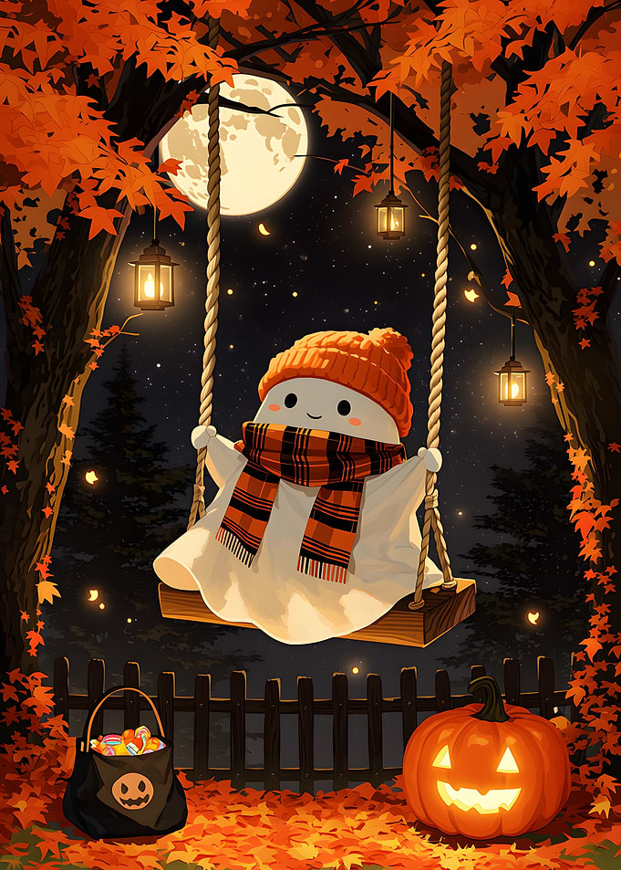 Cute Ghost on Autumn Swing