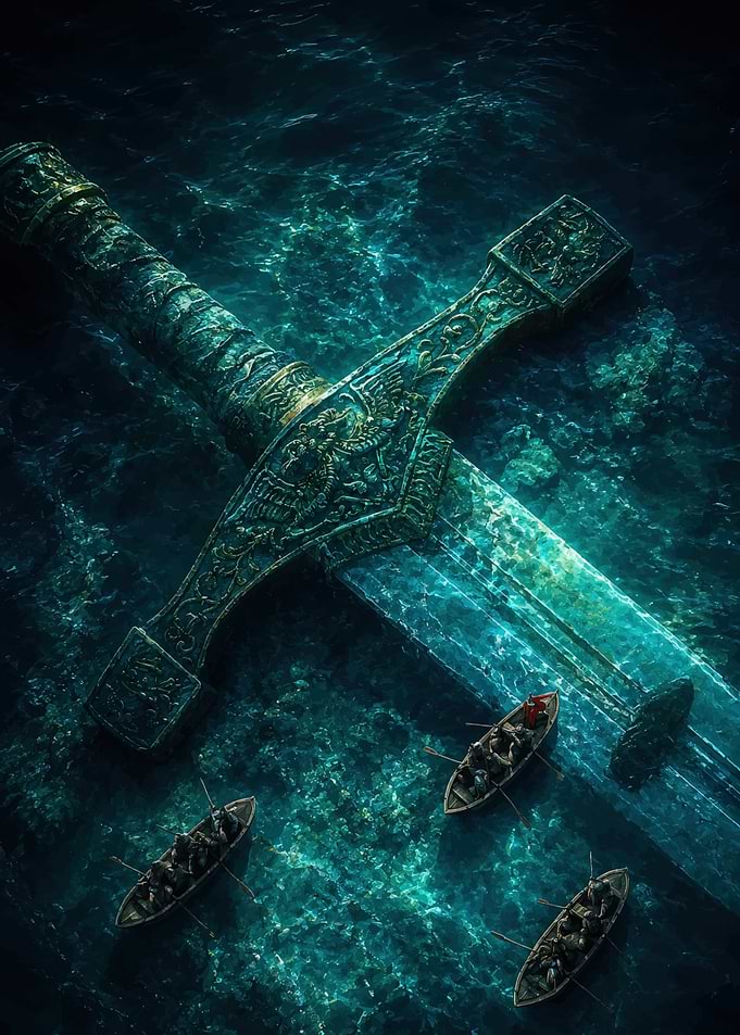Giant Ancient Sword Submerged Underwater