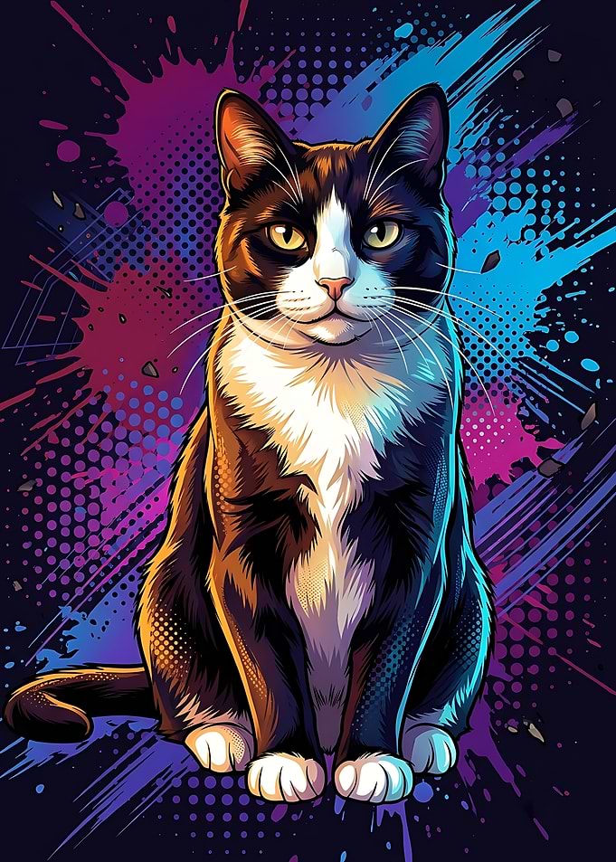 Vibrant Pop Art Tuxedo Cat Portrait