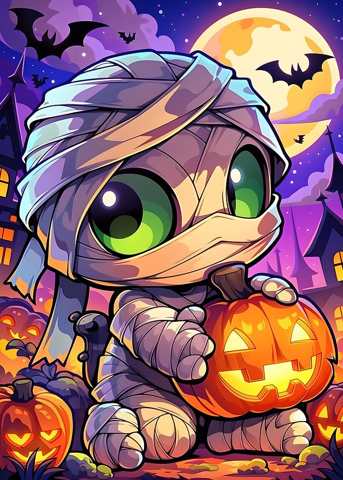 Cute Chibi Mummy with Halloween Pumpkin