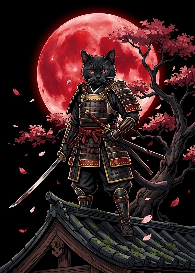 Black Cat Samurai Under Red Moon
