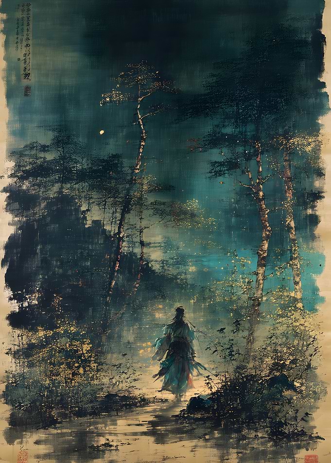 Wandering Warrior in Misty Forest