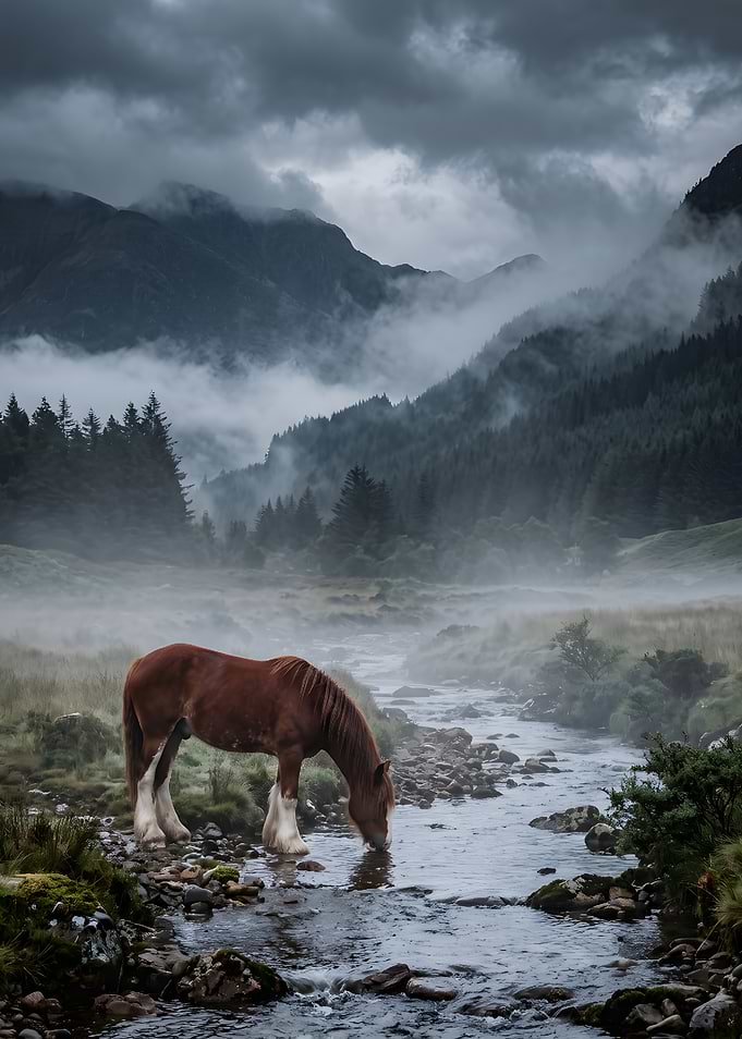 Horse Drinking from Misty Stream