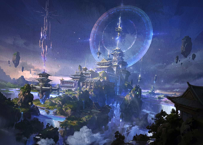 Floating Fantasy Temple in Night Sky
