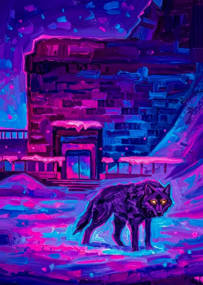 Neon Wolf in Snowy Night