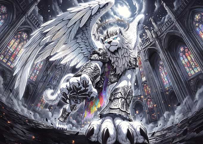 Winged Lion Warrior in Gothic Cathedral