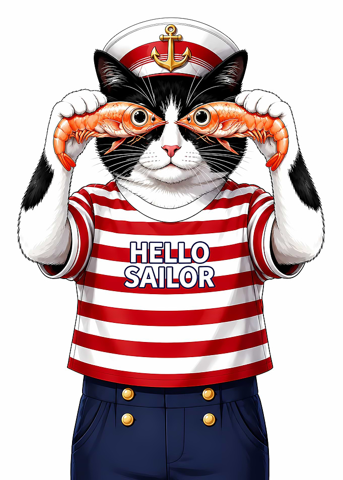 Funny Sailor Cat Holding Shrimp