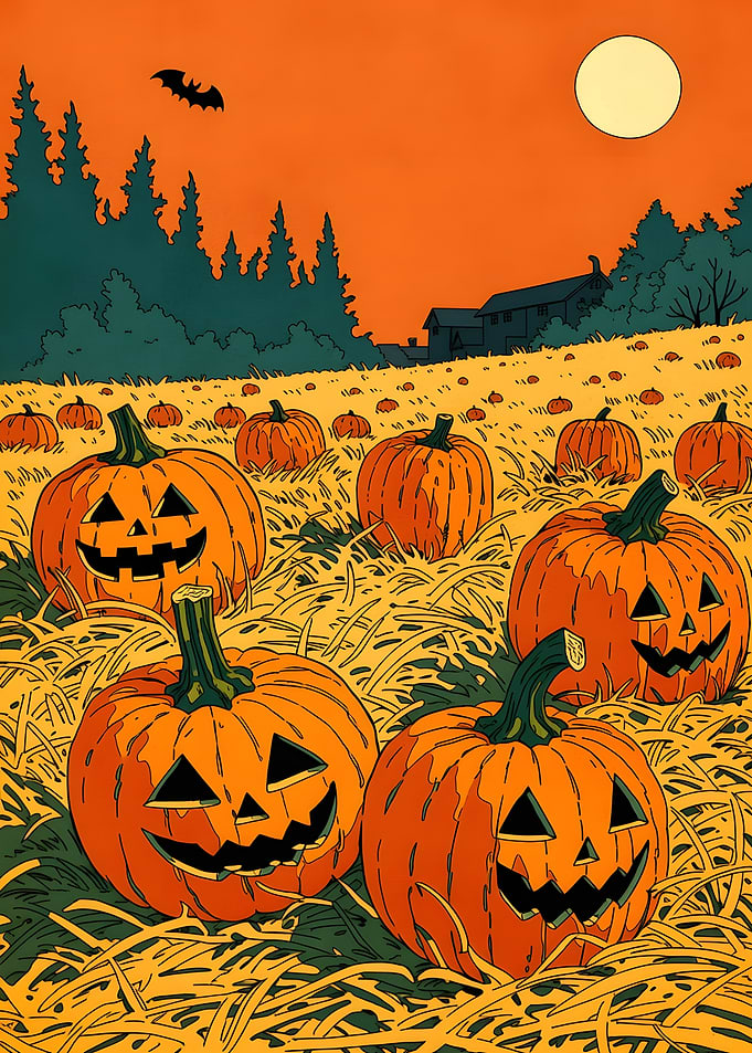 Spooky Halloween Pumpkin Patch Illustration