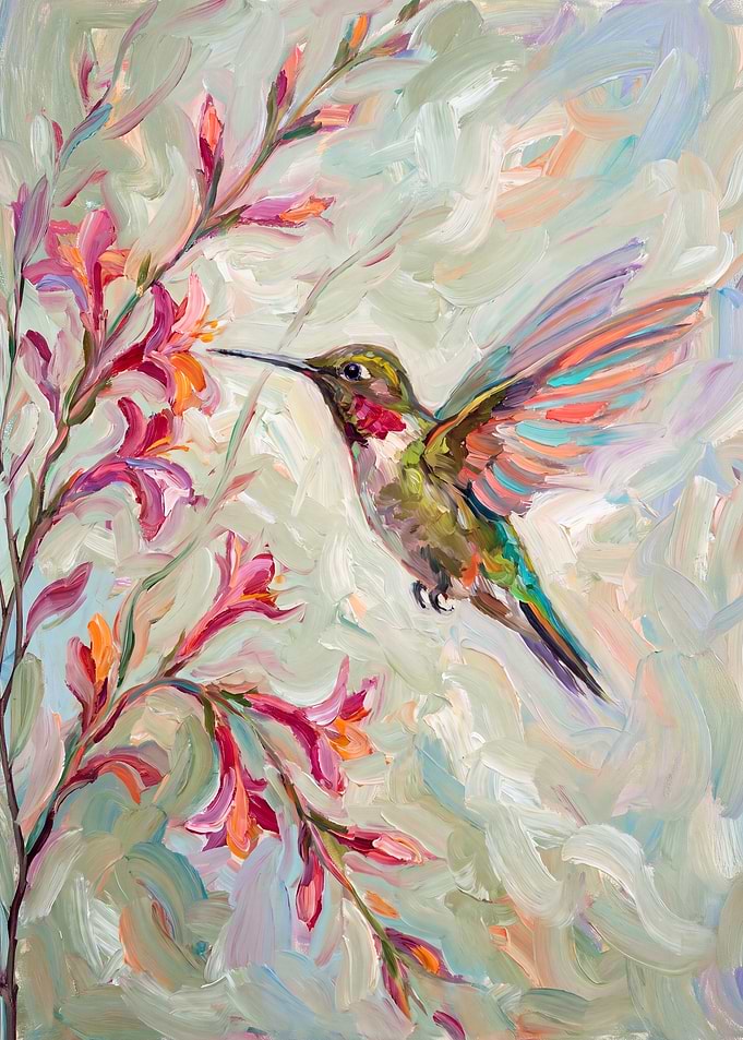 Impressionist Hummingbird and Floral Painting