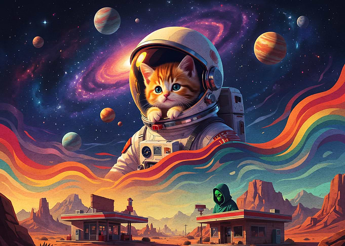 Astronaut Kitten in Cosmic Desert