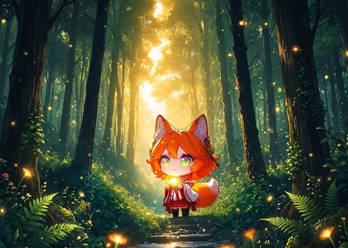 Chibi Fox Girl in Enchanted Forest