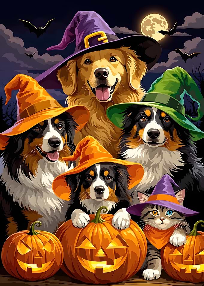Halloween Dogs and Cat with Pumpkins