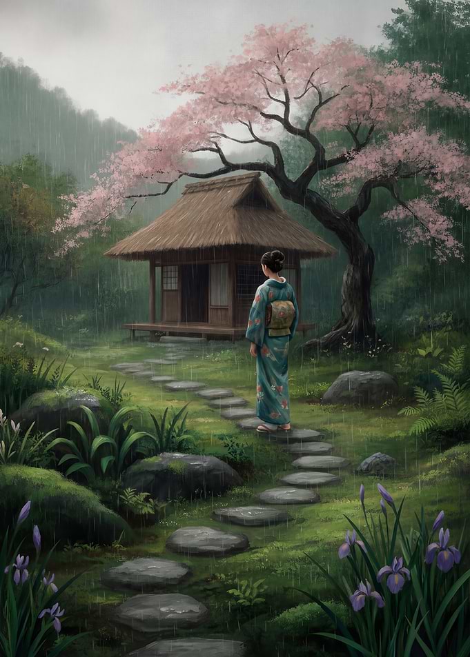 Woman in Kimono by Rainy Hut