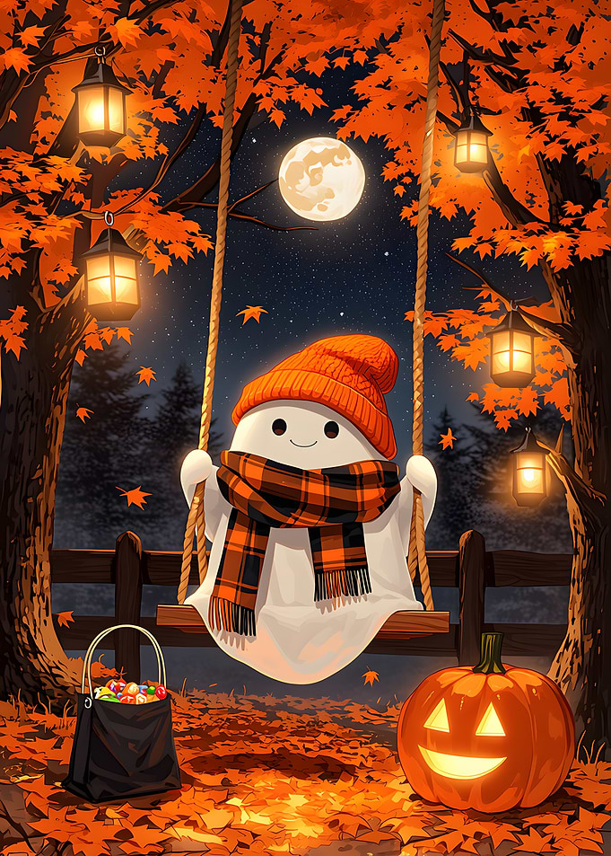 Cute Ghost on Autumn Swing