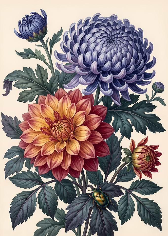 Botanical Illustration of Chrysanthemums and Beetle