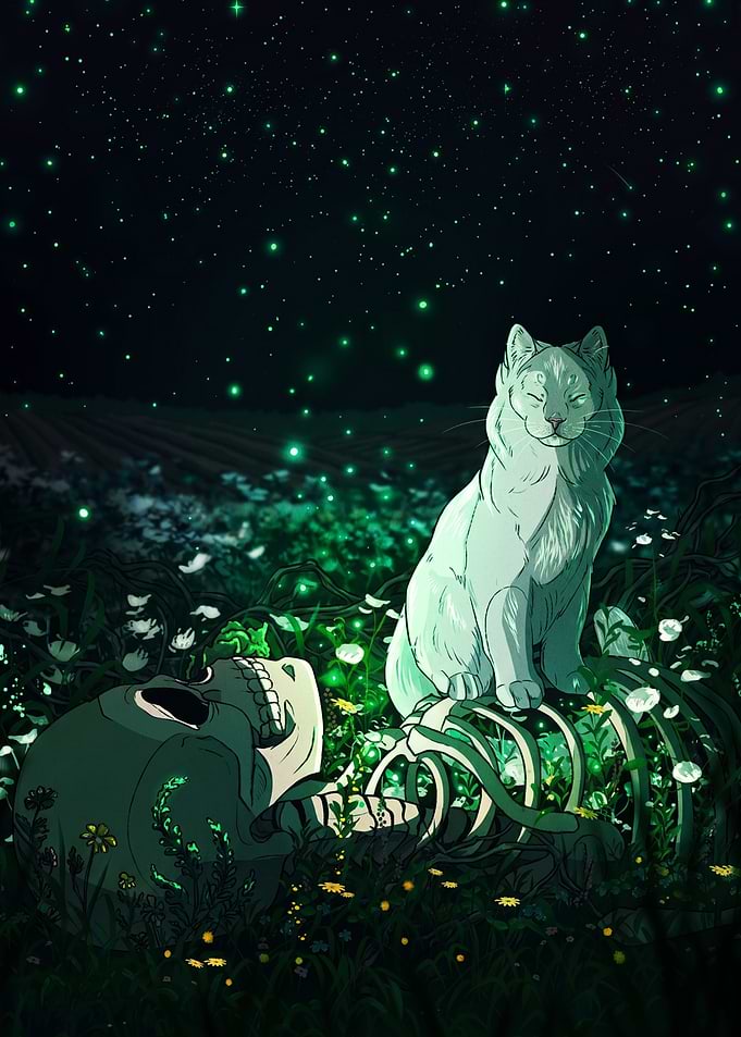 Cat Sitting on Skeleton in Meadow