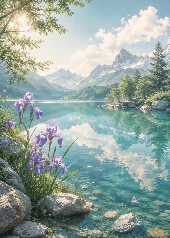 Serene Mountain Lake with Purple Irises