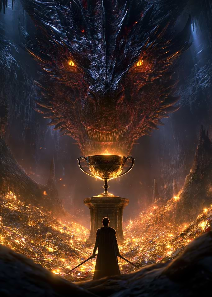 Warrior Facing Dragon and Golden Chalice