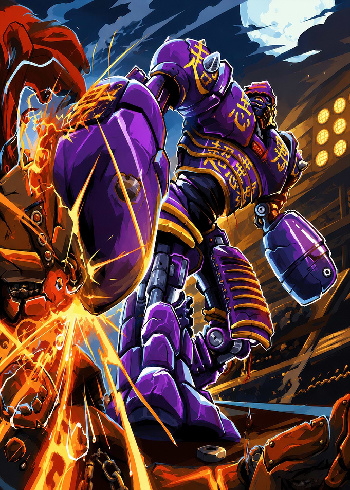 Purple Robot Fighting in Arena