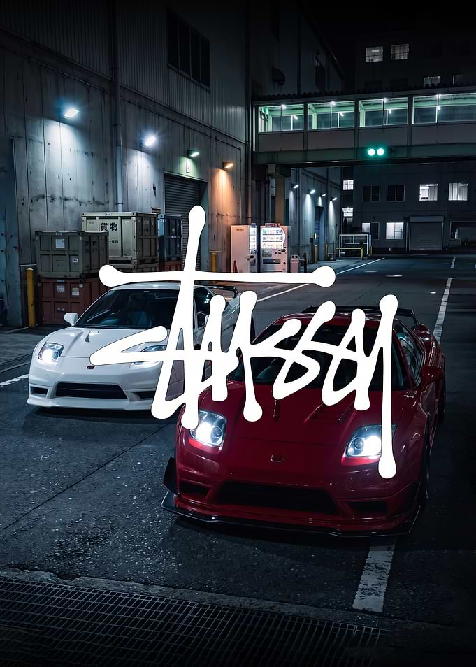 2 nsx Night Street Scene red and white cars poster