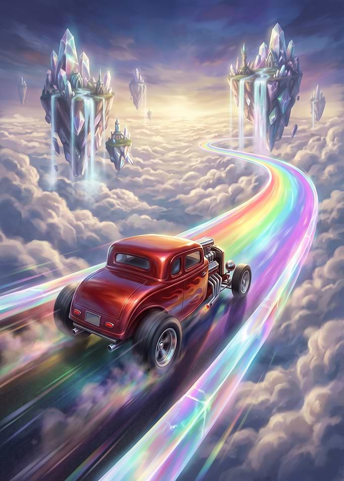 Hot Rod Driving on Rainbow Road