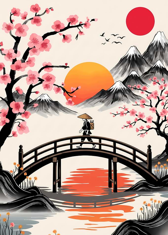 Traveler Crossing Bridge in Japan