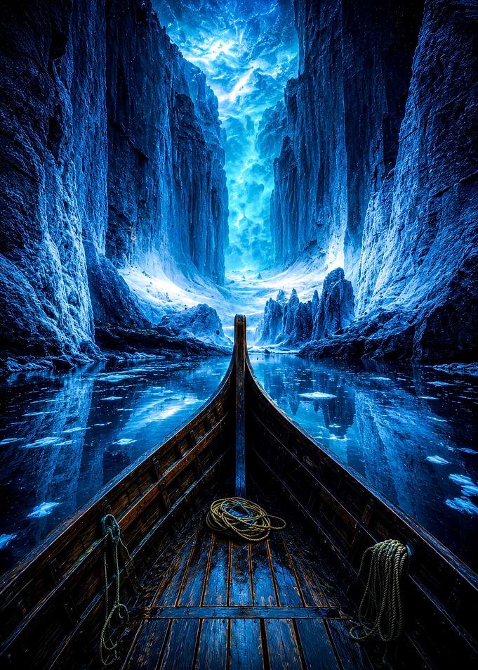 Viking Boat Sailing Through Icy Canyon