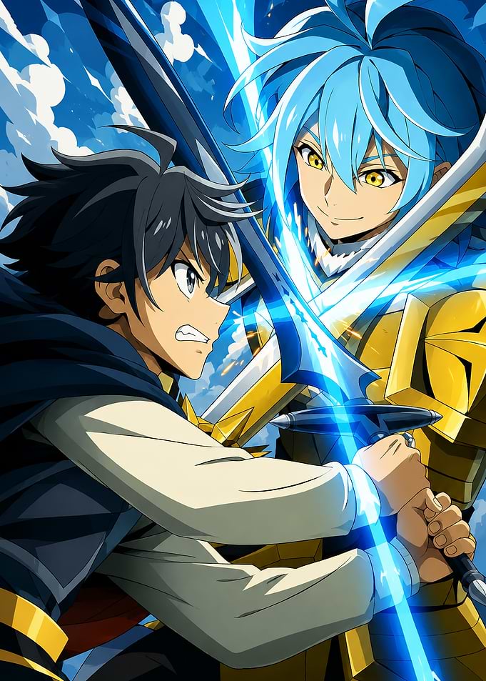 Characters clashing with glowing swords