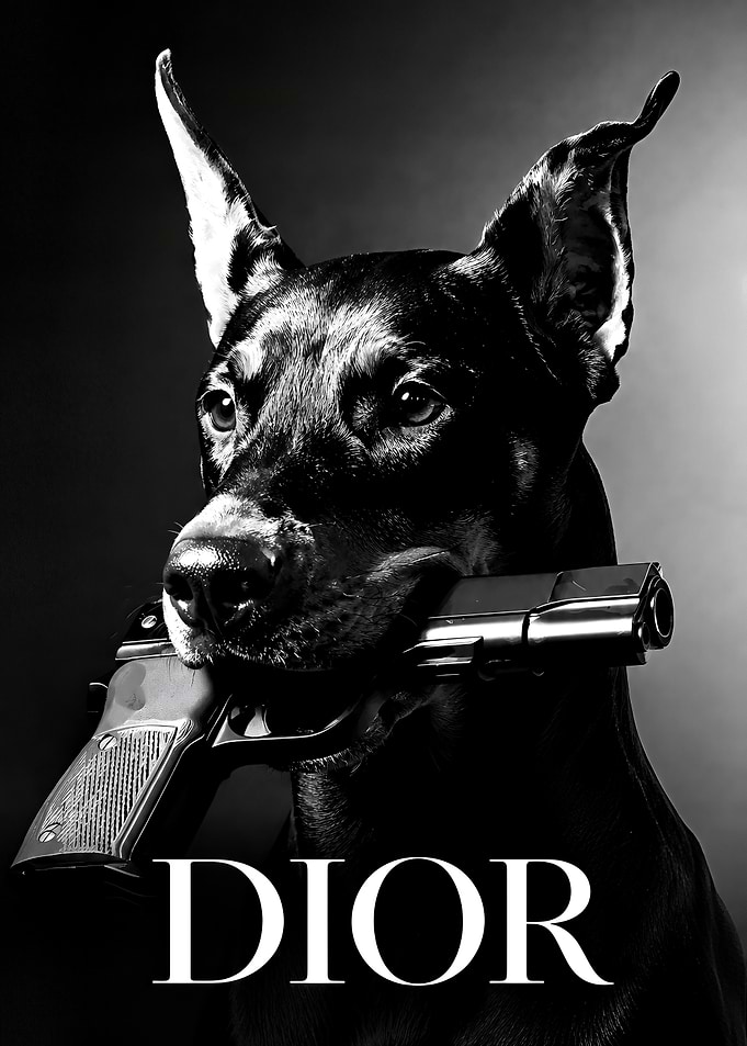 Doberman Holding Gun Dior Poster