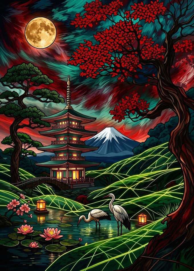 Neon Pagoda – Mount Fuji Moonlight – Abstract Fantasy #158