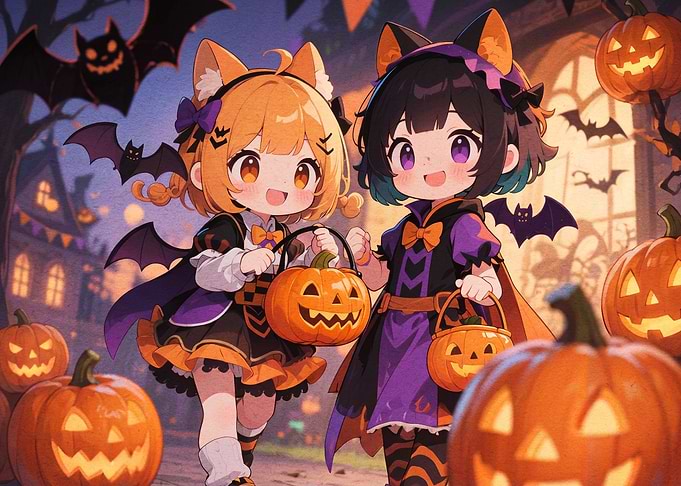 Chibi Anime Girls Trick-or-Treating