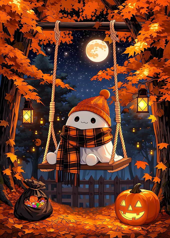 Cute Ghost on Autumn Swing