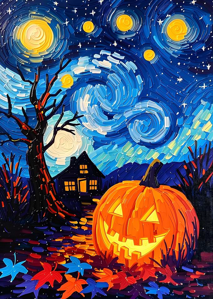 Van Gogh Style Halloween Pumpkin Scene