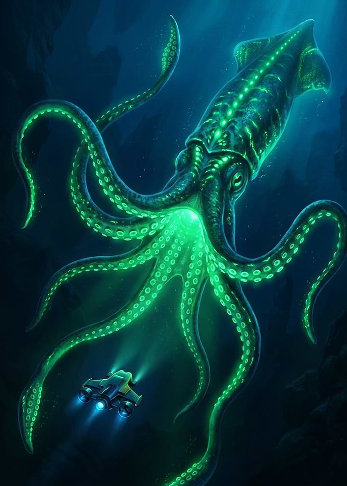 Bioluminescent Giant Squid and Submarine