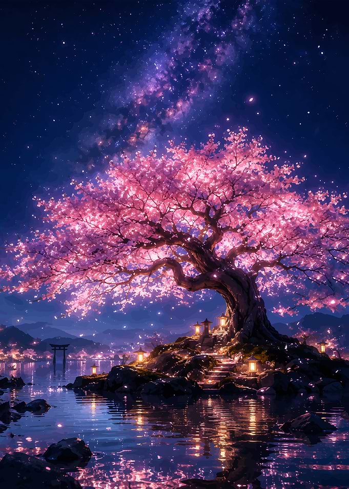 Glowing Cherry Blossom Tree at Night