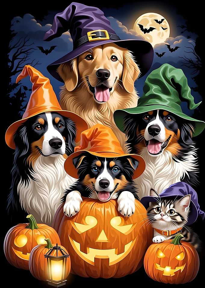 Halloween Dogs and Kitten with Pumpkins