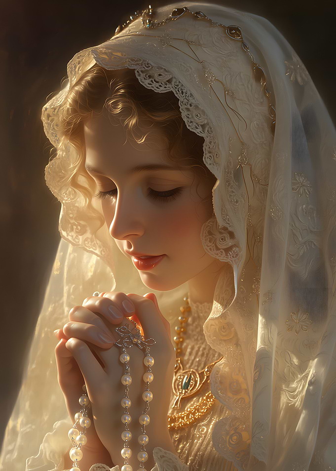 Young Woman Praying with Rosary