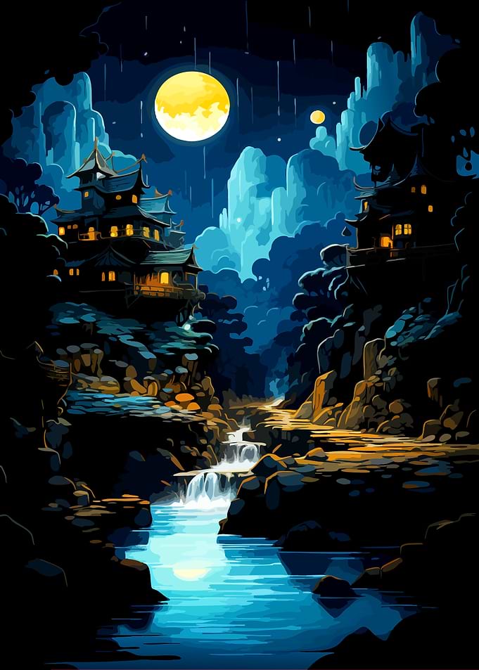 Moonlit Pagoda Valley at Night
