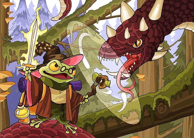 Frog Wizard Battling a Dragon