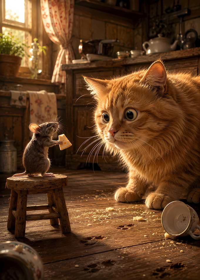 Cat and Mouse Sharing Cheese