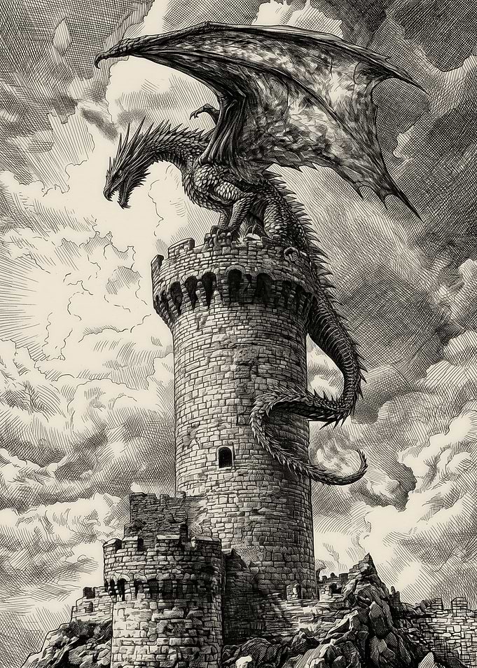 Dragon Perched on Ancient Stone Tower