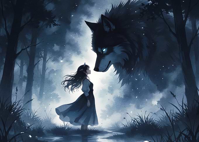 Girl Encountering a Giant Wolf
