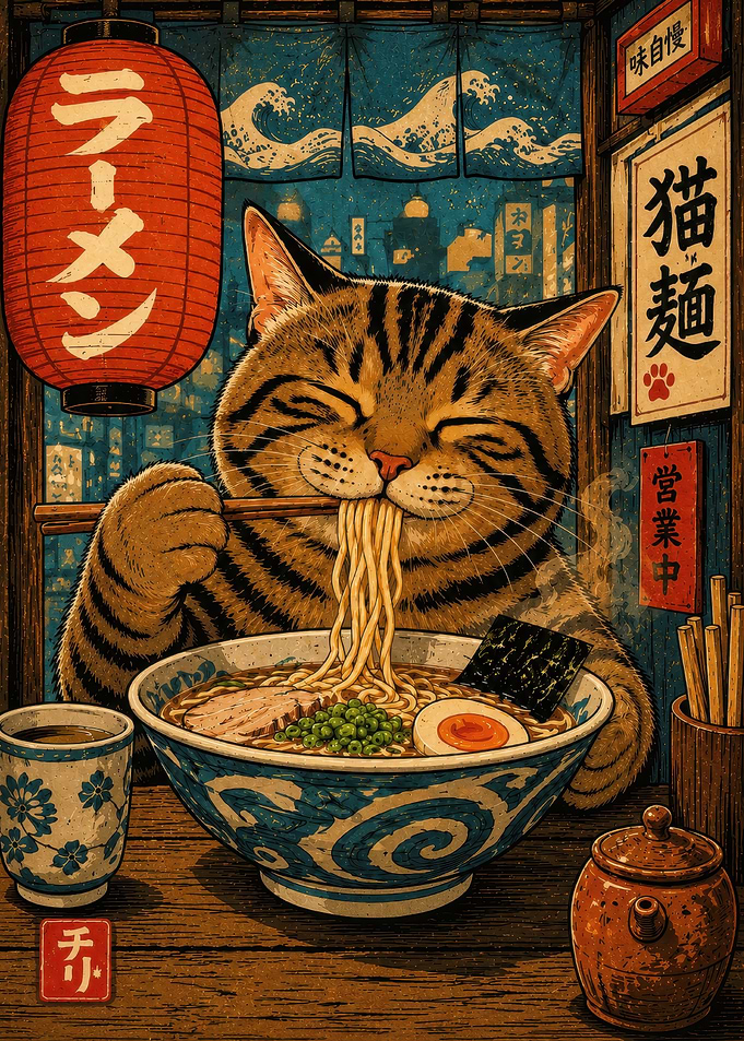 Cat Eating Ramen in Japanese Shop