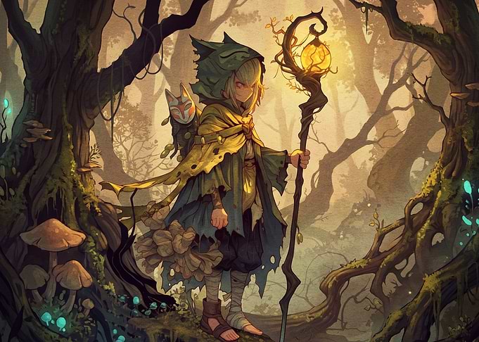 Young Forest Mage with Glowing Staff