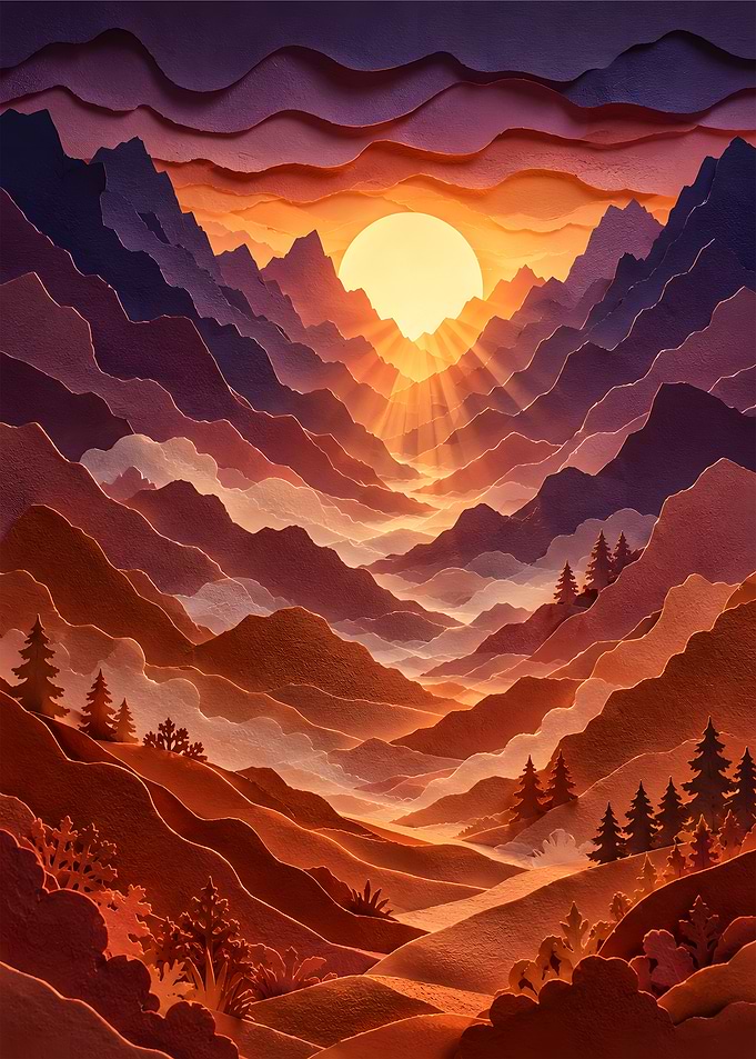 Misty Pine Mountain Sunset Papercut