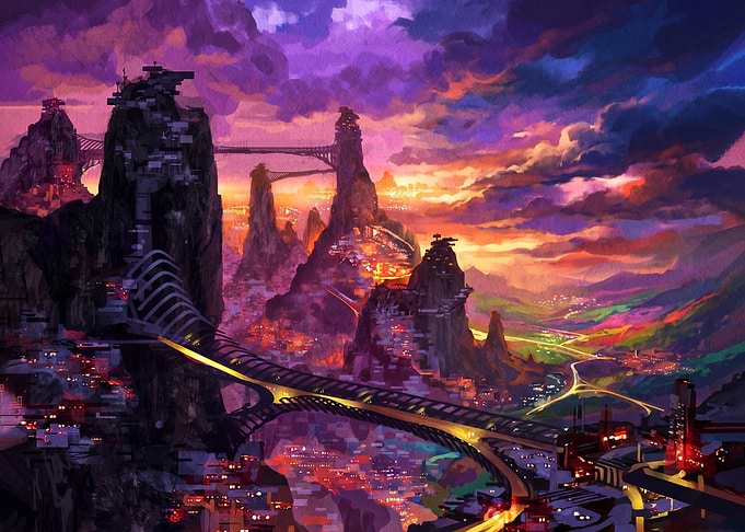 Futuristic Mountain Cityscape at Sunset