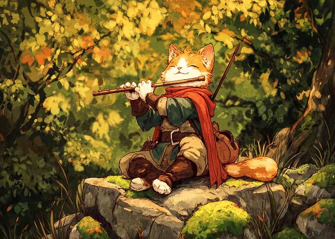 Adventuring Cat Playing the Flute