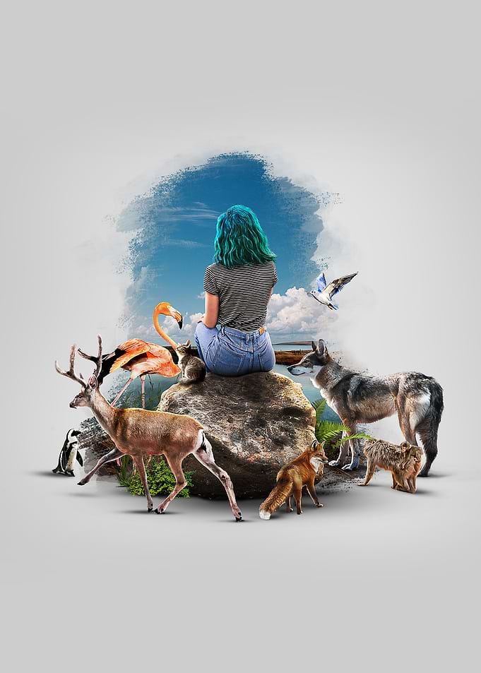 Girl Surrounded by Wildlife Collage